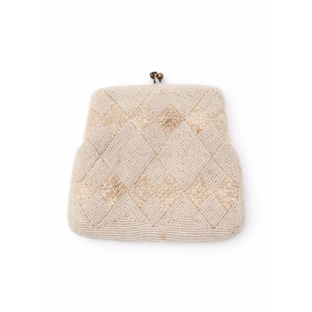Vintage Ivory Cream Beaded Clutch Evening Bag Satin Diamond Pattern